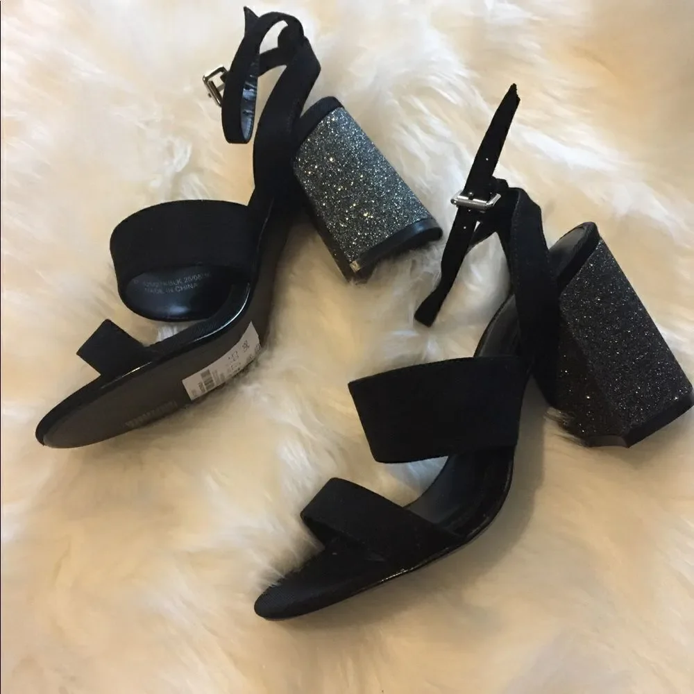Topshop Women's Black Chunky Sparking Heel Strappy Sandals, Size 6.5